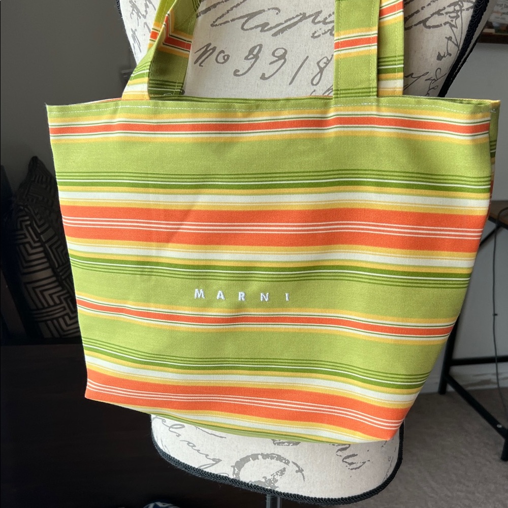 Vibrant Green and Orange Striped Tote with logo